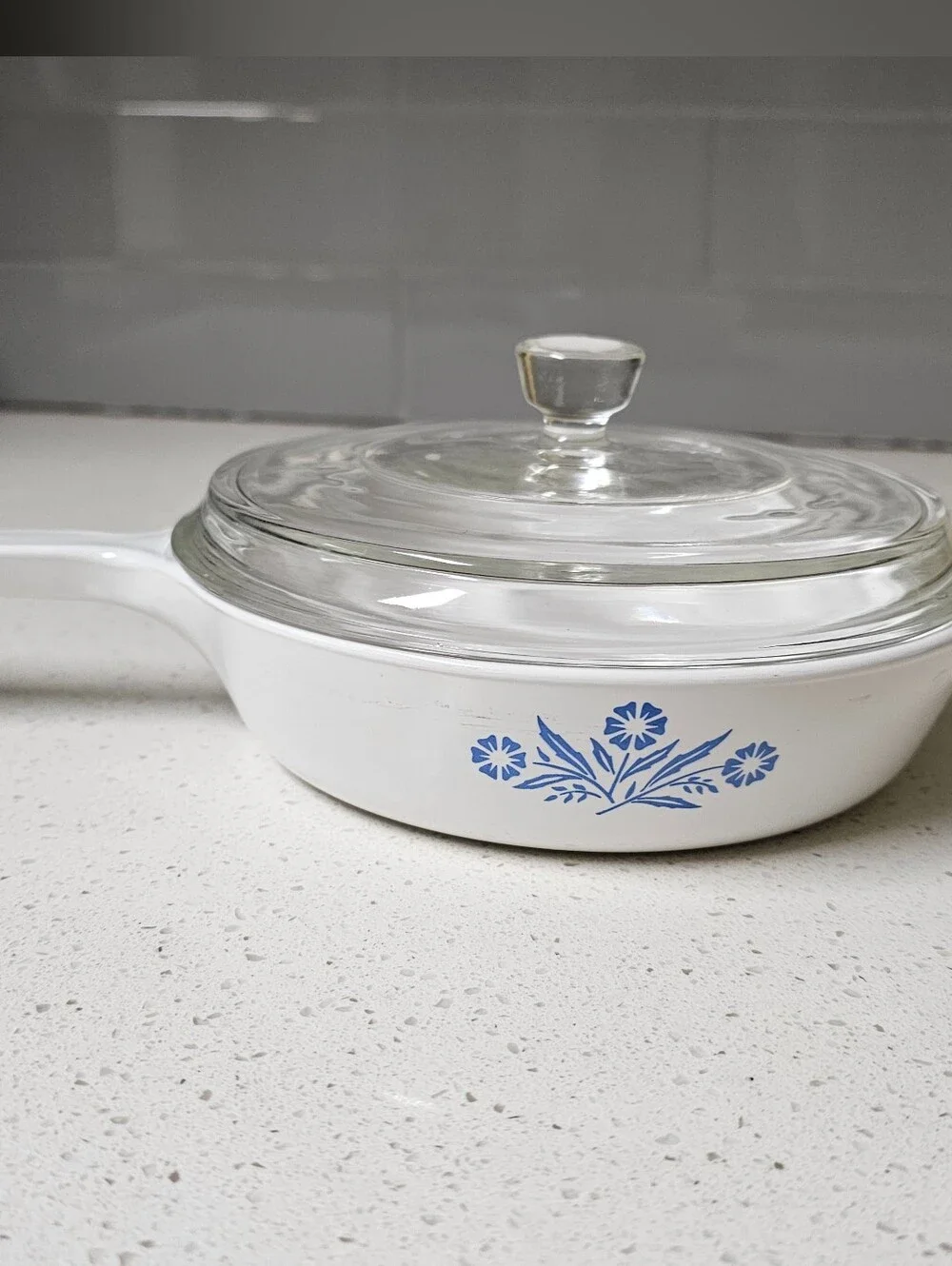 Corningware White Skillet with Blue Floral Cornflower Pattern and Glass Lid